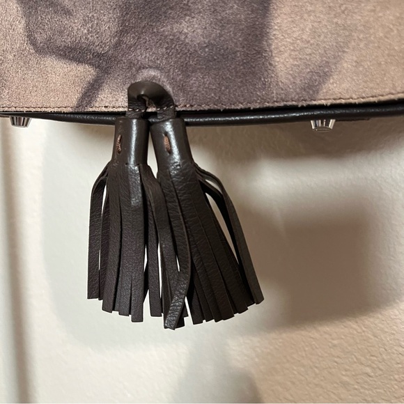 ABRO suede leather abstract print saddle bag, brown and tan, adjustable strap - Picture 8 of 12